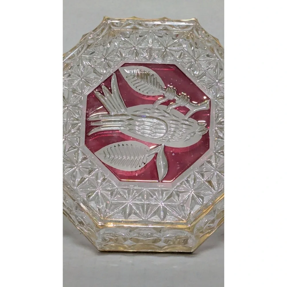Vintage Hofbauer Byrdes Ruby Red Clear Cut Crystal and Brass Octagon Ashtray